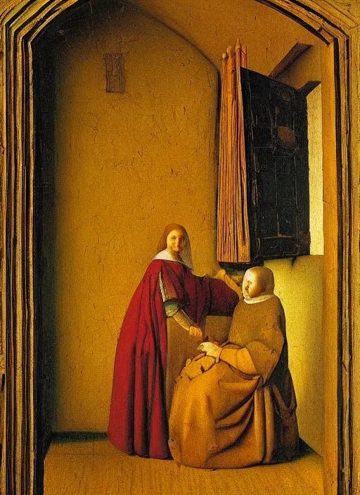 Image similar to paints, brushes, medieval painting by jan van eyck, johannes vermeer, florence