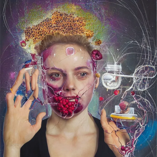 Prompt: a women holding an electronic brain, sparks, honeycomb, organic, femme, a portrait in a female art student's apartment, pancakes, berries, octopus, surgical supplies, skull, scientific glassware, cheerios, art materials, candle dripping wax, berry juice drips, neo - expressionism, surrealism, acrylic and spray paint and oilstick on canvas