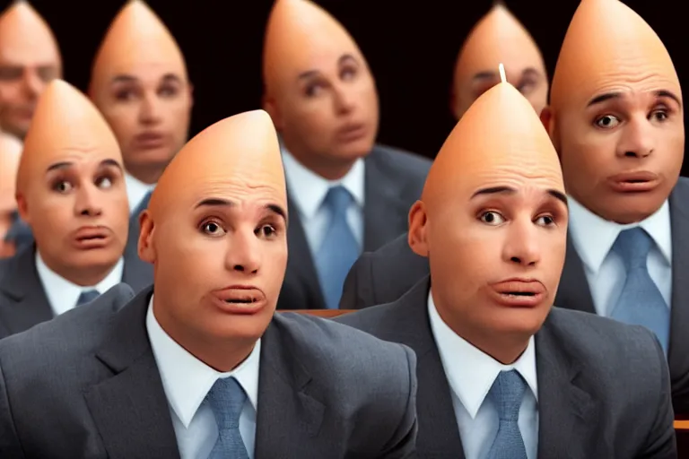 Image similar to coneheads testifying in court, detailed facial expressions