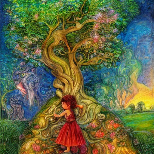 Image similar to a painting of a child and a tree, a storybook illustration by josephine wall, deviantart, metaphysical painting, storybook illustration, detailed painting, whimsical