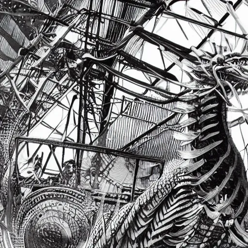 Image similar to scientists studying quetzalcoatl locked in a cage in a warehouse, 1 9 6 0's sci - fi, black and white, 8 k, highly ornate intricate details, extreme detail, punk xerox