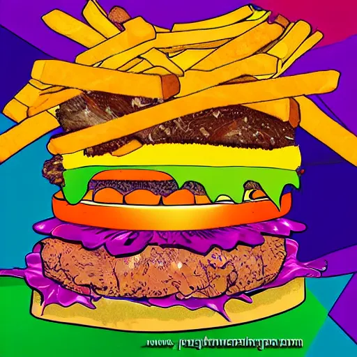 Prompt: burger and fries, falling apart, cheese flying, wacky, psychedelic art, digital art