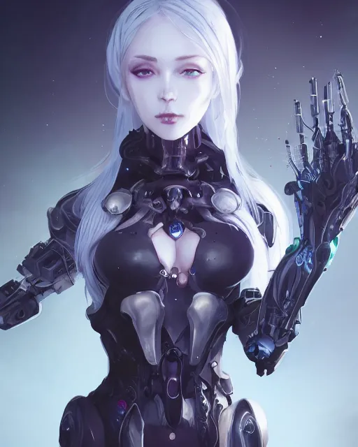 Image similar to holy cyborg necromancer girl, elegant, perfect face, scifi, futuristic, utopia, garden, illustration, atmosphere, warframe, blue eyes, white hair, artstation, nier automata, highly detailed, art by yuhong ding and chengwei pan and serafleur and ina wong