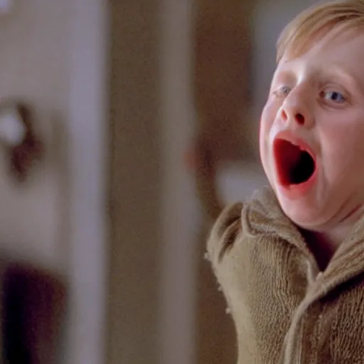 Prompt: Kevin McCallister screaming with his hands on his face