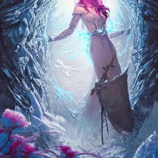 Image similar to dan mumford paint, a fantasy elf woman trapped and frozen trying to get out of a block of clear ice, with frozen flowers around her, treding artstation, greg rutkowski