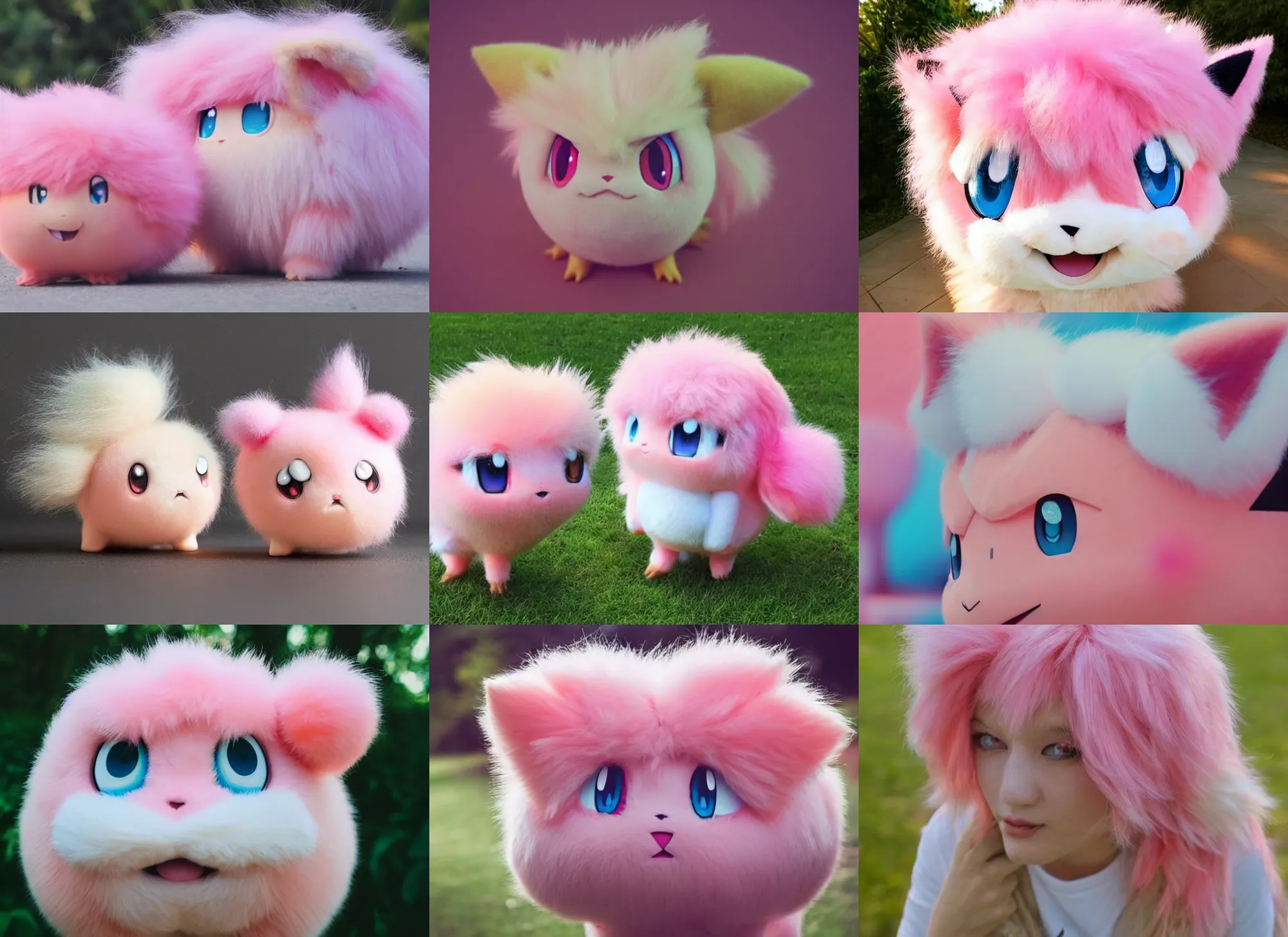 Prompt: real life pokemon jigglypuff, adorable, fluffy pink hair, ultra realistic, golden hour, sharp focus