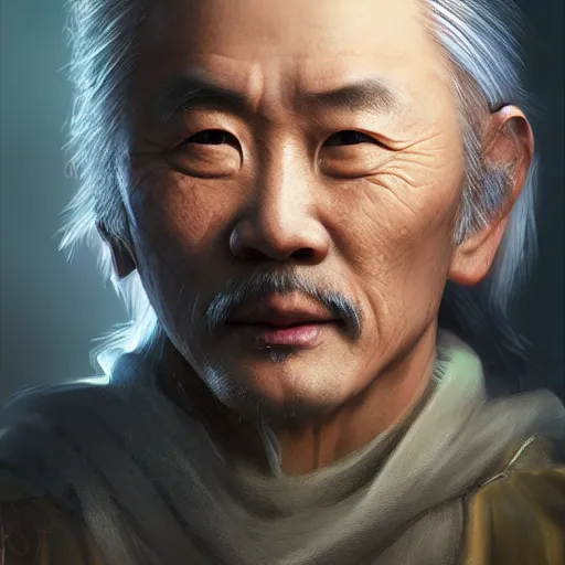 Prompt: portrait painting of a 6 0 year old kind handsome taoist priest, like chaowei liang, silver ponytail hair, amiable by wenjun lin, irakli nadar, bright colors, octopath traveler, wenjun lin, unreal engine 5 highly rendered, global illumination, radiant light, detailed and intricate environment