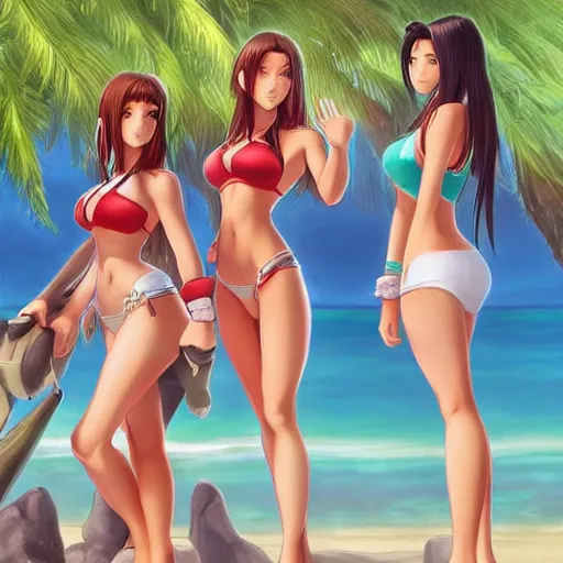 Image similar to beautiful aerith and tifa and jessie from final fantasy in a bikini on the beach making eye contact drawn by artgerm