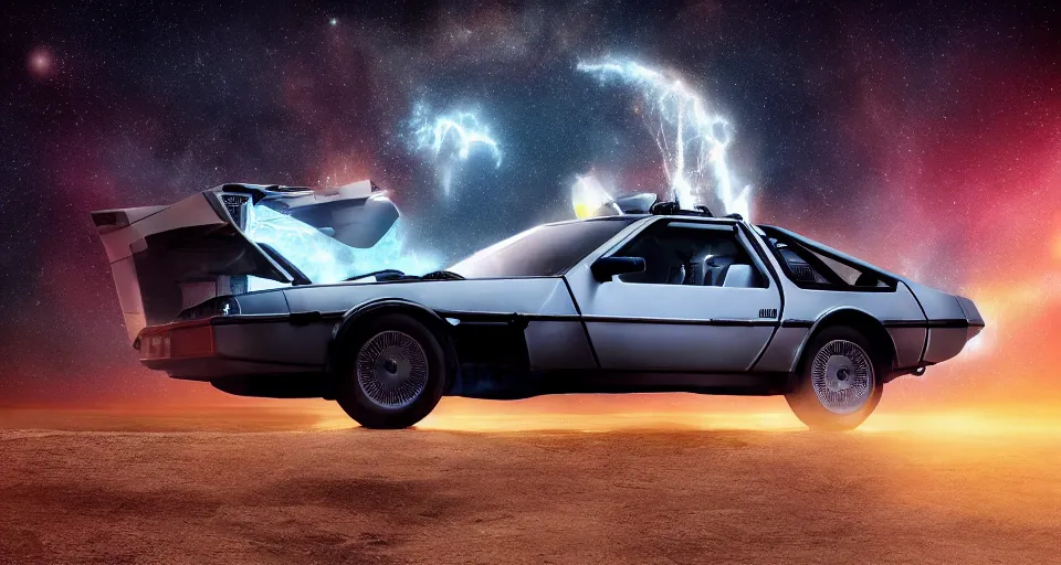 Image similar to inter dimensional sci - fi delorean far future, travelling across the stars, cosmos, galaxy, 8 k