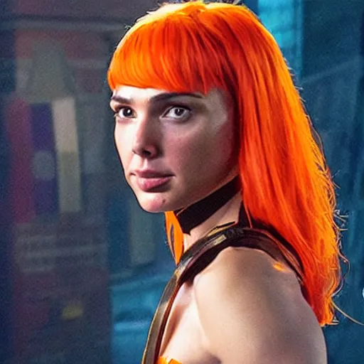 Image similar to Gal Gadot starring in the fifth element as Leeloo, orange hair, wide shot movie art