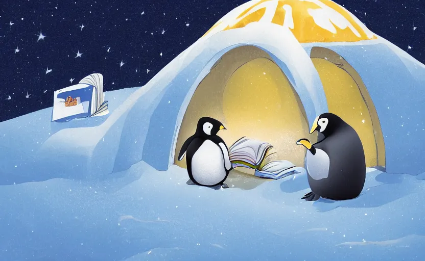 Image similar to childrens book illustration of an emperor penguin sitting down and reading a book inside an igloo