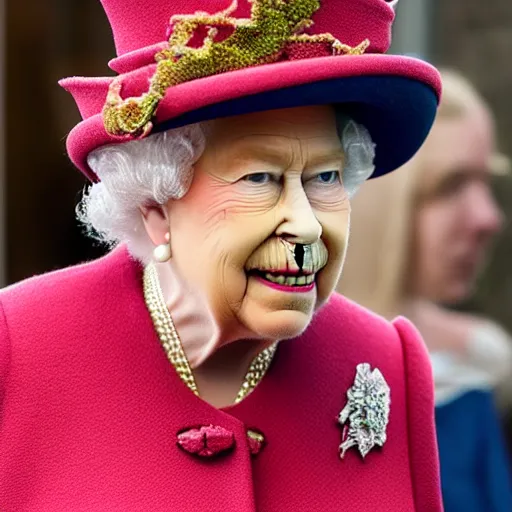 Prompt: the queen of england exhaling a large smoke cloud from her royal bong, award winning candid photography