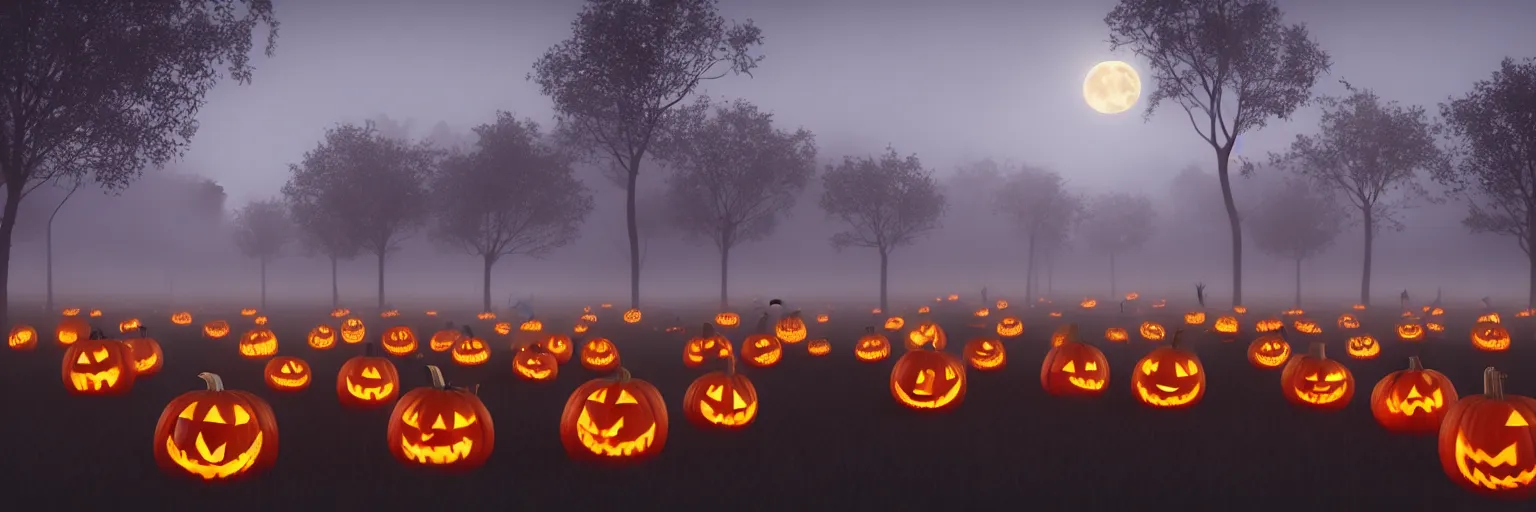 Image similar to A field of scary Halloween pumpkins with eyes looking straight into camera, full moon lighting, foggy November atmosphere, cinematic lighting, photo realistic image, 4K, unreal engine, super detailed, cinematic look