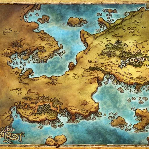 Prompt: simple fantasy map, the land of Odrua, several continents arranged in an arc, world of Lute, by JRR Tolkien and Brian Froud, Vatican Map Room, fantasy concept painting, Magic The Gathering Art, trending on art station, oceans, continents