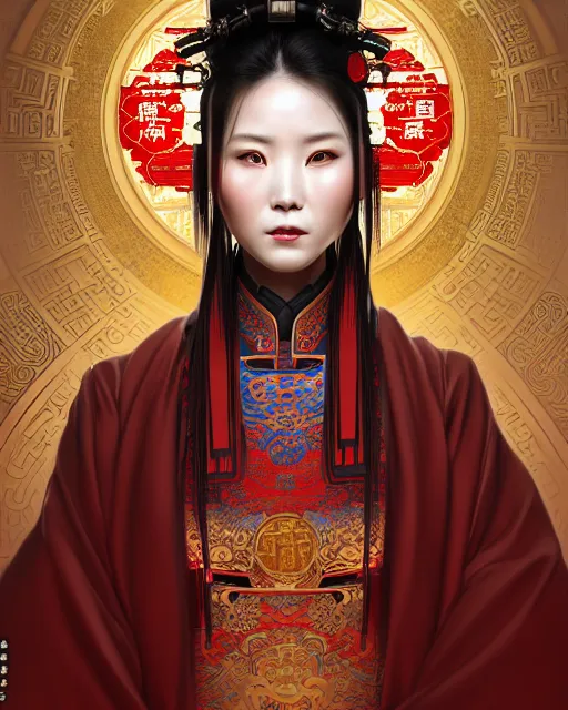 Image similar to portrait of a chinese cyberpunk machine, machine face, robed, upper half portrait, decorated with chinese opera motifs, regal, asian, fine china, wuxia, traditional chinese art intricate intense elegant 京 剧 highly detailed digital painting artstation concept art smooth sharp focus illustration, art by artgerm and greg rutkowski alphonse mucha 8 k