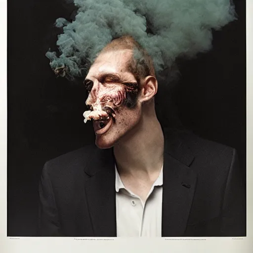 Image similar to annie liebowitz photo of a man who's head is replaced with a puff of smoke