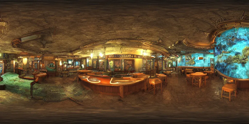 Prompt: 3 6 0 panorama hdr environment map of a bar under the sea photograph detail focus octane render