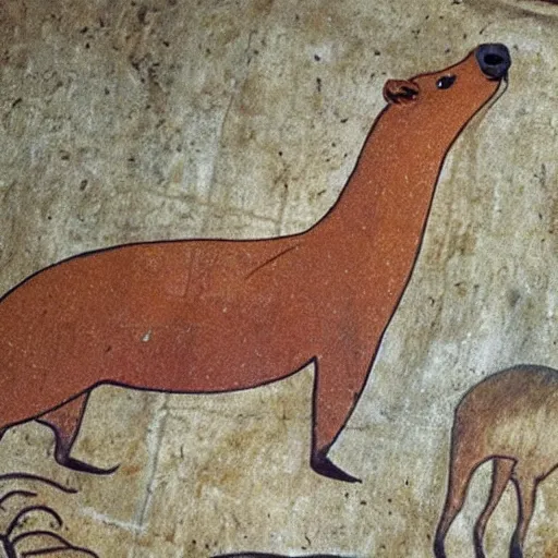 Prompt: a cave painting of a king capybara being worship