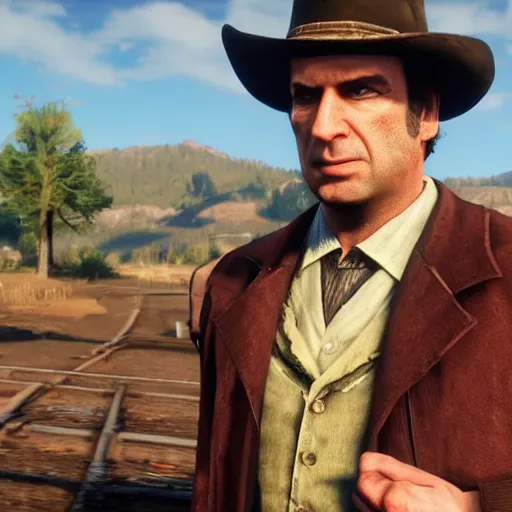 Prompt: Saul Goodman in Red Dead Redemption 2, train robbery
