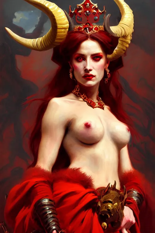 Prompt: painted close - up portrait of a very attractive red - skinned intimidating demon queen with ram horns! oil painting, wearing a noblewoman's outfit, fantasy art by john singer sargent and gaston bussiere and james jean and greg rutkowski, demon noble character design, hd
