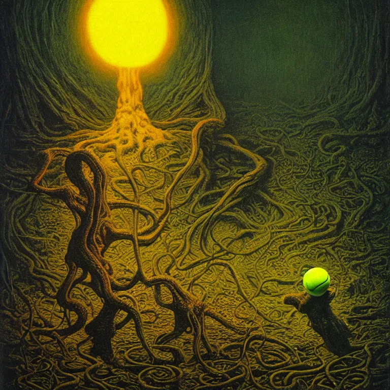 Prompt: a cinematic scene tennis ball monster from the cthulhu in nevada test side, lovecraft, concept art by beksinski and jean delville, dramatic lighting, ultra hd, hdr, 8 k