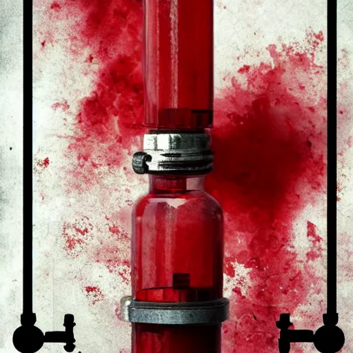 Image similar to Antique ornate sci-fi syringe filled with red liquid, dramatic lightning backround