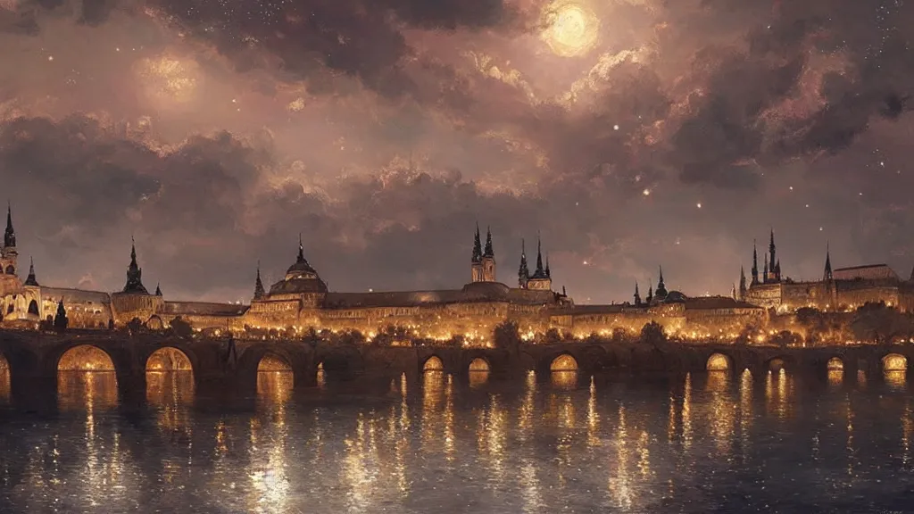 Image similar to a beautiful painting of a view from the river of a arabian prague cathedral palaces, at night with a sky full of stars, intricate, elegant, highly detailed, digital painting, artstation, concept art, by krenz cushart and artem demura and john williams waterhouse