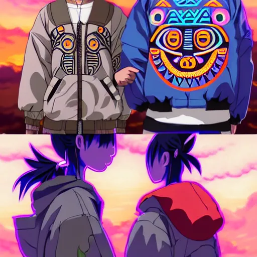 Image similar to majora majora's mask wearing oversized mayan bomber jacket with overalls, bulky poofy bomber jacket with mayan patterns, aztec street fashion, genshin impact art style, gapmoe yandere grimdark, trending on pixiv fanbox, painted by greg rutkowski makoto shinkai takashi takeuchi studio ghibli, akihiko yoshida