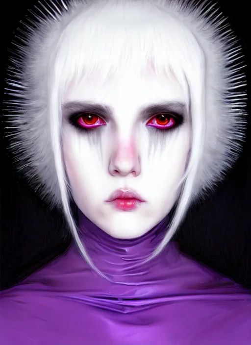 Image similar to whitebangs, black hair, black cyberlox, portrait of white teenage girl, normal face, white bangs, fluffy bangs, cyberlox, whitebangs, red contact lenses, purple background, intricate, elegant, highly detailed, digital painting, artstation, concept art, sharp focus, smooth, illustration, art by wlop, mars ravelo and greg rutkowski