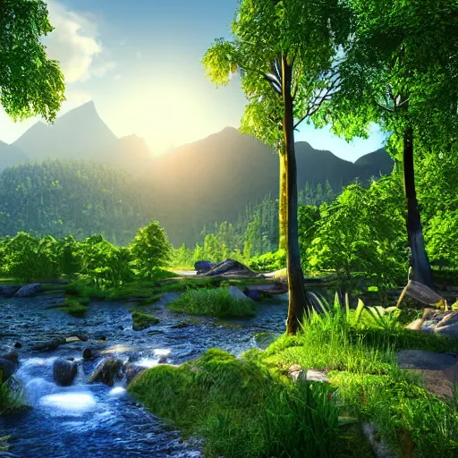 Prompt: paradise on earth with nice trees, rivers, mountains and sun, vray rendering 4 k, photorealistic, ultra - detailed, 4 k high resolution, hdr shot