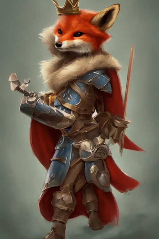 Image similar to cute little anthropomorphic foxy knight wearing a cape and a crown, tiny, small, miniature fox, baby animal, short, pale blue armor, cute and adorable, pretty, beautiful, DnD character art portrait, matte fantasy painting, DeviantArt Artstation, by Jason Felix by Steve Argyle by Tyler Jacobson by Peter Mohrbacher, cinematic lighting