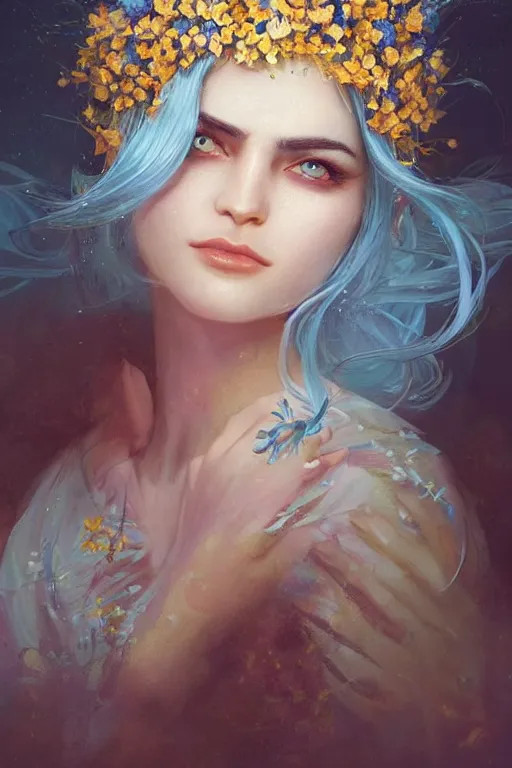 Prompt: a pale Iranian girl with white hair, floral crown, sad blue eyes, cinematic lighting, ultra detailed, highly detailed, sharp focus, golden background with flowers, golden jewellery with blue sapphires, photographic, art by artgerm and greg rutkowski and zdislav beksinski