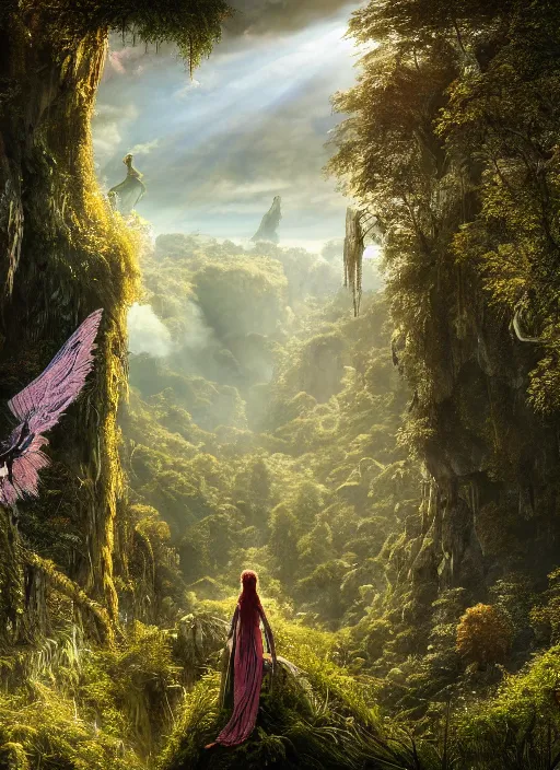 Prompt: an elven princess with wings of lace in the lord of the rings scenery landscape, looking out at a vast lush valley of fairy homes, flowers, sunrise, god's rays highly detailed, vivid color, cinematic lighting, perfect composition, 8 k, gustave dore, derek zabrocki, greg rutkowski, belsinski, octane render