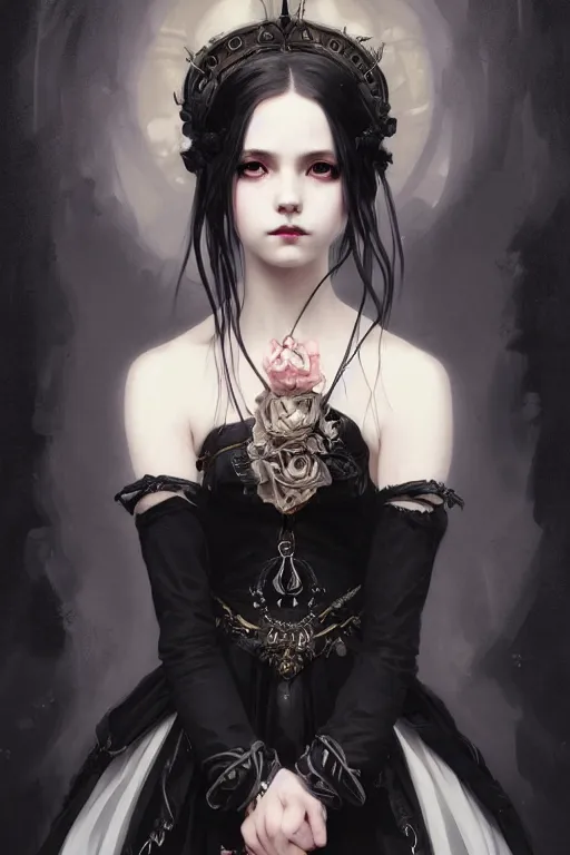 Image similar to portrait of radical lolita girl, dreamy and ethereal, dark eyes, peaceful expression, ornate goth dress, dark fantasy, chaotic, elegant, black crows flying, highly detailed, digital painting, artstation, concept art, smooth, sharp focus, illustration, art by artgerm and greg rutkowski and alphonse mucha