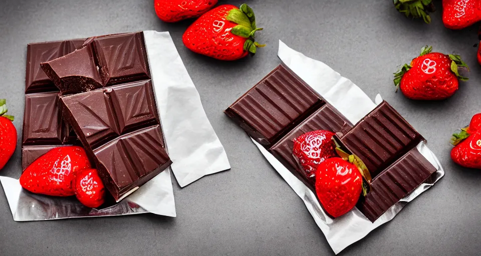 Image similar to A gourmet dark chocolate bar on an opened silver wrapper, next to sliced strawberries, on a wooden tray, macro lens product photo
