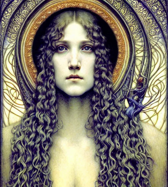 Image similar to detailed realistic beautiful young medieval queen face portrait by jean delville, gustave dore and marco mazzoni, art nouveau, symbolist, visionary, gothic, pre - raphaelite. horizontal symmetry