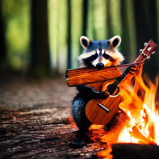 Image similar to an 8k photo raccoon playing a wooden ukulele by a campfire, dark forest in the background