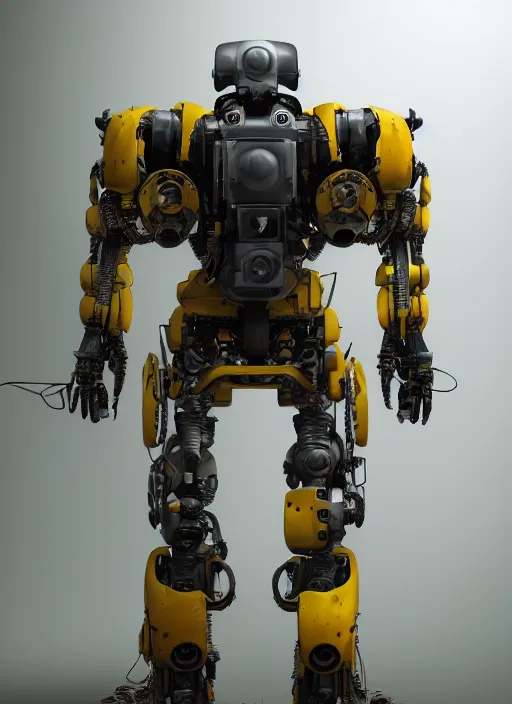 Image similar to a photorealistic dramatic hyperrealistic render of a futuristic exosuit power loader heavy machinery, ultra realistic details, glossy yellow, well worn, oil stains by vitaly bulgarov and mike nash, beautiful dramatic dark moody tones and lighting, cinematic atmosphere, studio lighting, shadows, dark background, octane render, 8 k