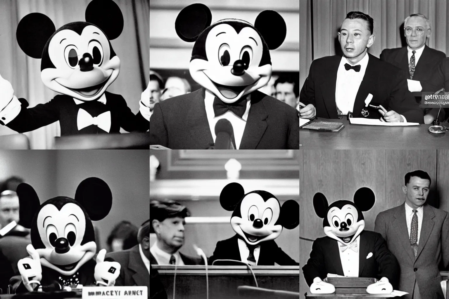 Prompt: Mickey Mouse testifying before the House Anti-American Activities Committee in the 1950s