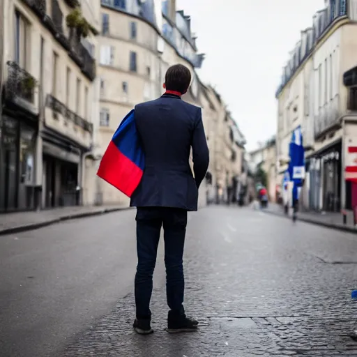 Prompt: a guy who looks like emmanuel macron is pissing on the a french flag in the street, 5 0 mm lens, street photography