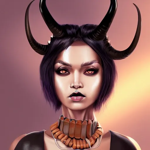 Image similar to illustrated realistic portrait of ram-horned devil woman with blue bob hairstyle and her tan colored skin and with solid black eyes wearing leather by rossdraws