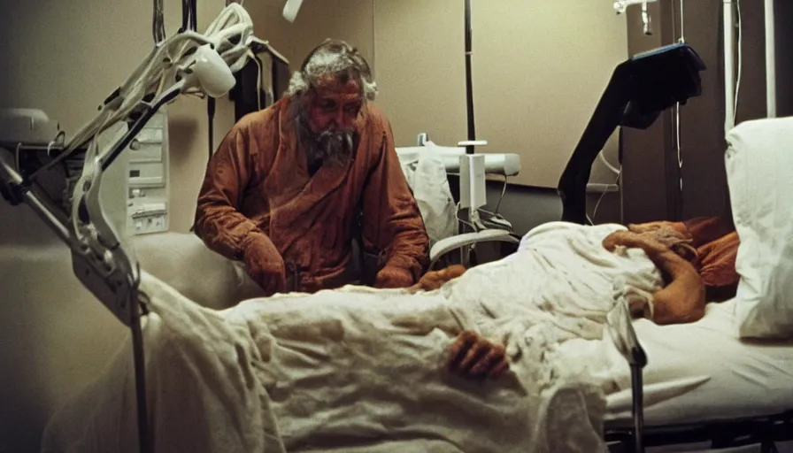 Image similar to 7 0 s movie still of a old gold man in the hospital, cinestill 8 0 0 t 3 5 mm eastmancolor, heavy grain, high quality, high detail