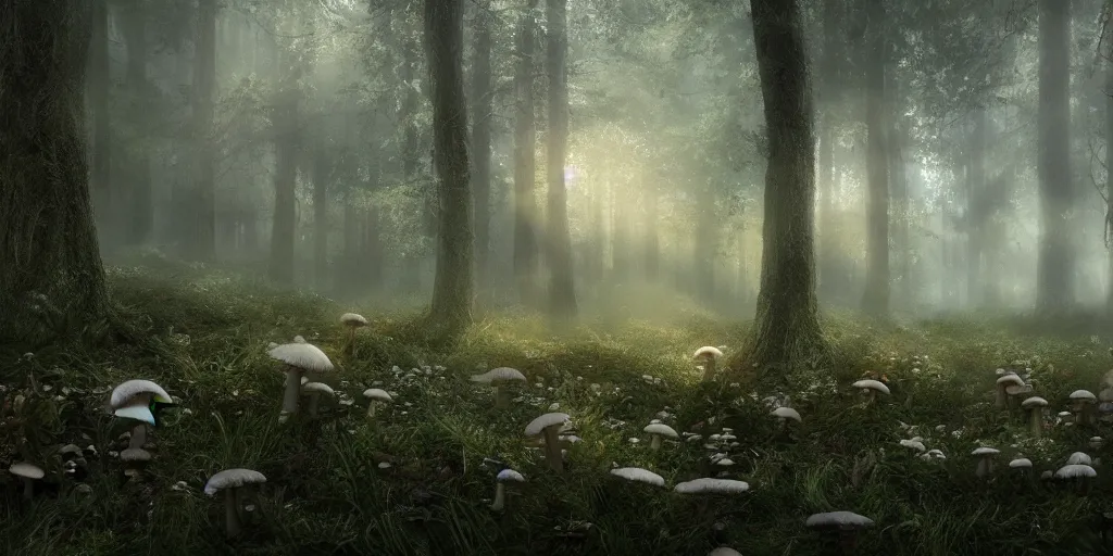 Image similar to forrest full of mushrooms, superwide angle, light through the mist, dramatic lighting, photorealistic, cinematic lighting, high detail, cinematic feel, high octane, 4 k, unreal engine, digital render, intricate, ultra realistic, concept art