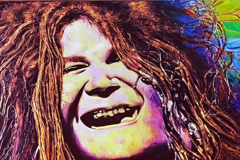 Image similar to highly detailed oil painting of janis joplin playing in woodstock 1 9 6 9, very realistic, top view, art nouveau, dramatic light,