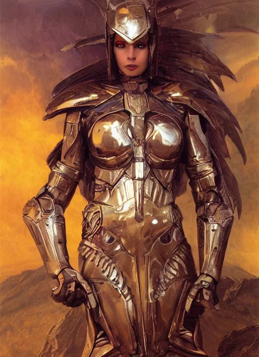 Image similar to a biblical diabolical beautiful female valkyree android, shiny hi - tech armor, dynamic pose, splashing, heavy eyes to the side, closeup, bright glowing veins, in clouds, rain, sunset, portrait, by gerald brom, by mikhail vrubel, by peter elson, muted colors, extreme detail, reflections, trending on artstation, 8 k