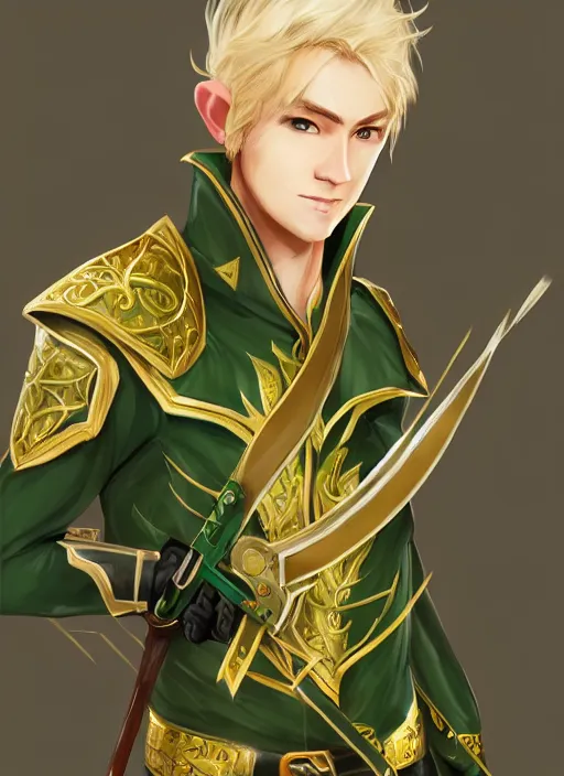 Image similar to Half-body portrait of a handsome blonde elven ranger in green and gold jacket with a crossbow. In style of Hyung-tae Kim, concept art, trending on ArtStation, Korean MMORPG.