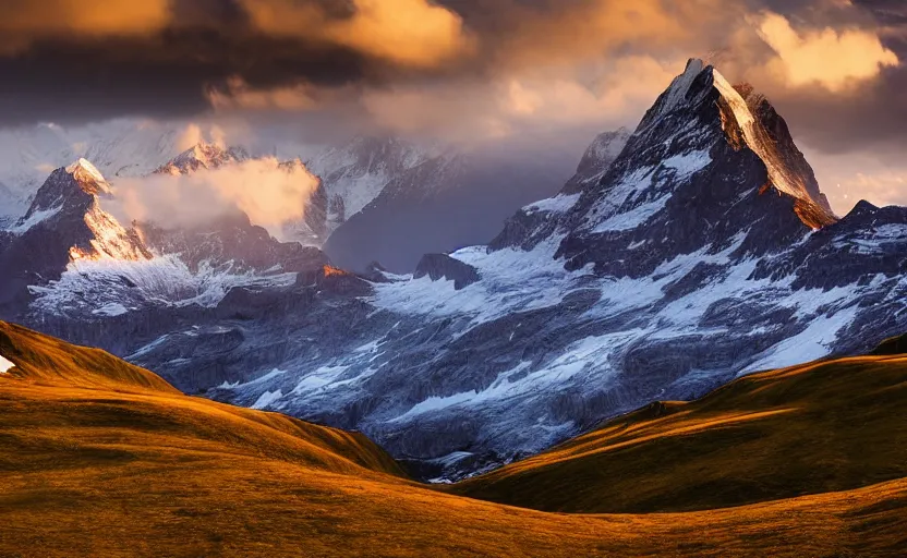 Prompt: a dramatic swiss alps landscape photo by ryan dyar, highly detailed, 8 k