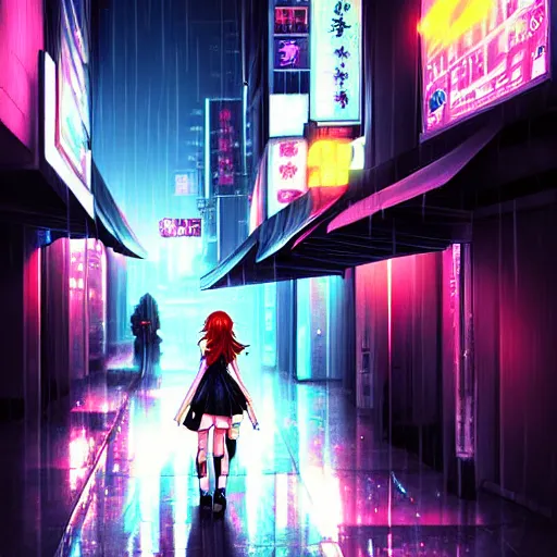 Image similar to digital art , anime girl walking into the streets of a cyberpunk city at night, rain, mist, by artgerm, by krenz cushart, by peter kemp