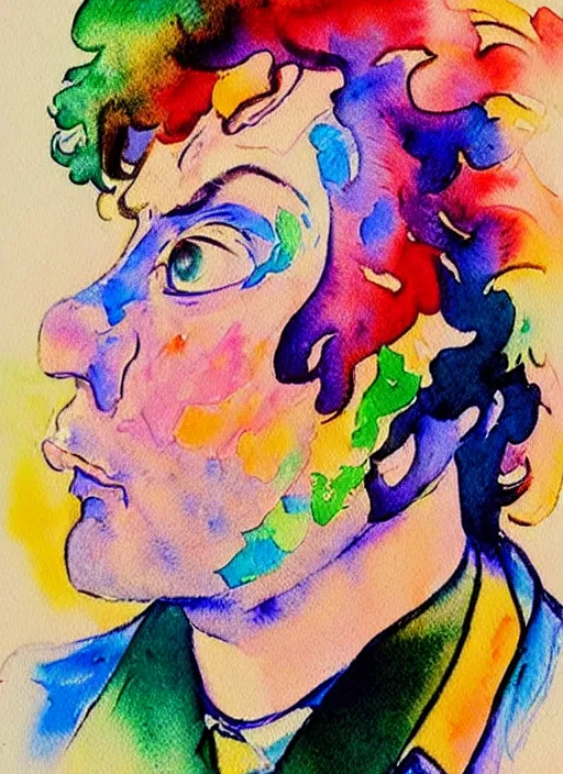 Image similar to vintage 7 0 s anime watercolor, a portrait of a man with colorful face - paint enshrouded in an impressionist watercolor, abstract representation of the meaning of life in the background by william holman hunt, art by cicley mary barker, thick impressionist watercolor brush strokes, portrait painting by daniel garber, minimalist simple pen and watercolor