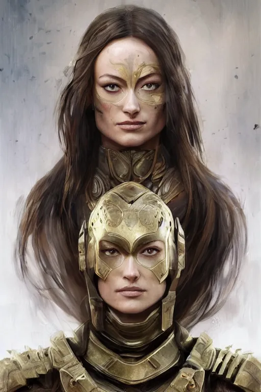 Image similar to a professionally painted portrait of Olivia Wilde, clothed in ancient battle armor, olive skin, long dark hair, beautiful bone structure, symmetrical facial features, scar across face, intricate, elegant, digital painting, trending on Artstation, concept art, smooth, sharp focus, illustration, from Metal Gear by Ruan Jia and Mandy Jurgens and Artgerm and and william-adolphe bouguerea, award winning